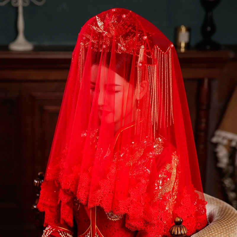 红盖头新娘红色头纱婚礼半透明软纱中式秀禾结婚红纱出嫁接亲喜帕