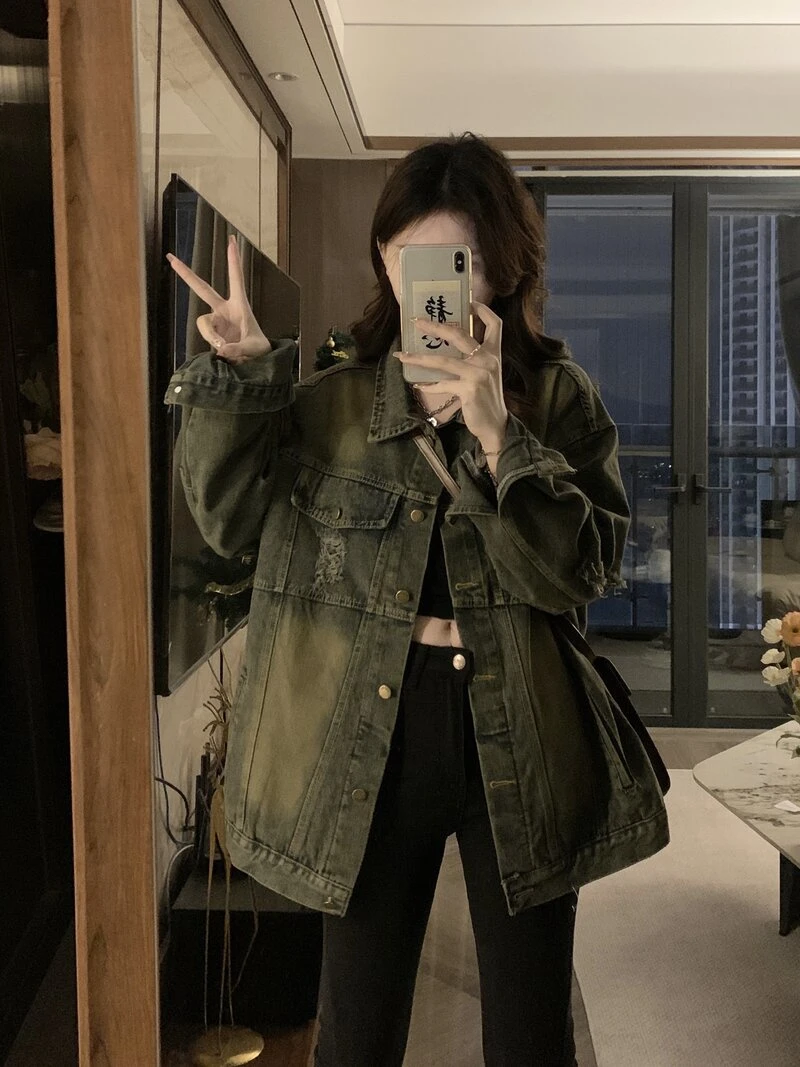 美式复古做旧破洞牛仔外套女2024春秋新款宽松显瘦炸街夹克上衣潮