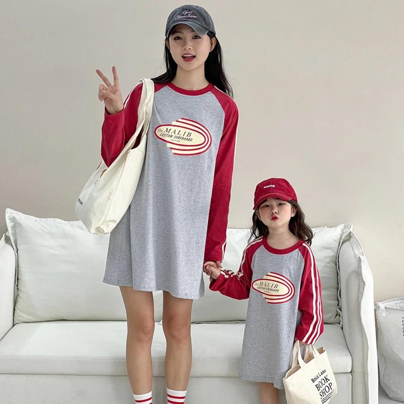 cicibaby亲子装2024新款春季母女装韩版插肩袖中长款T恤连衣裙潮