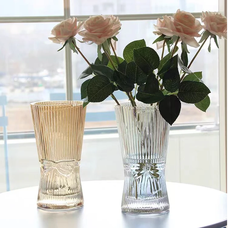 YEMAI简约轻奢网红玻璃花瓶蝴蝶结宽圆口鲜花干花插花瓶客厅装饰