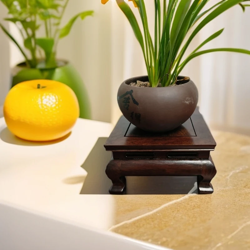 黑檀木正方明式弯角底座茶杯茶壶石头花盆底座红木花瓶工艺品摆件