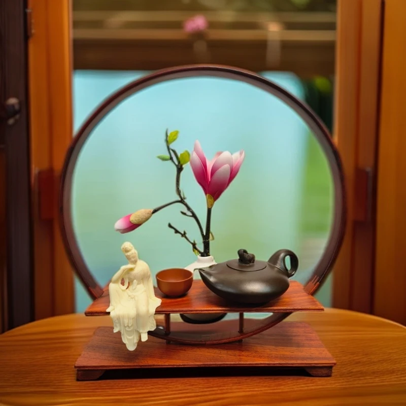 花梨木圆形博古架茶壶茶杯花盆石头底座观音佛像红木工艺品摆件