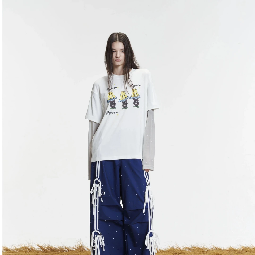 RAPHOTOS明星同款三盏台灯熊假两件波点防晒长袖T恤