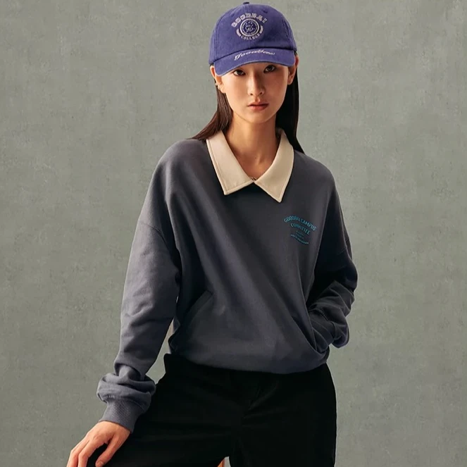 GOODBAI 双飞白鸽刺绣翻领假两件套头卫衣长袖时尚休闲宽松秋冬