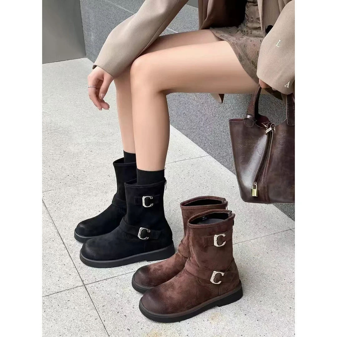 复古擦色马丁靴女2024冬季新款韩版搭扣厚底后拉链短靴N2-5709