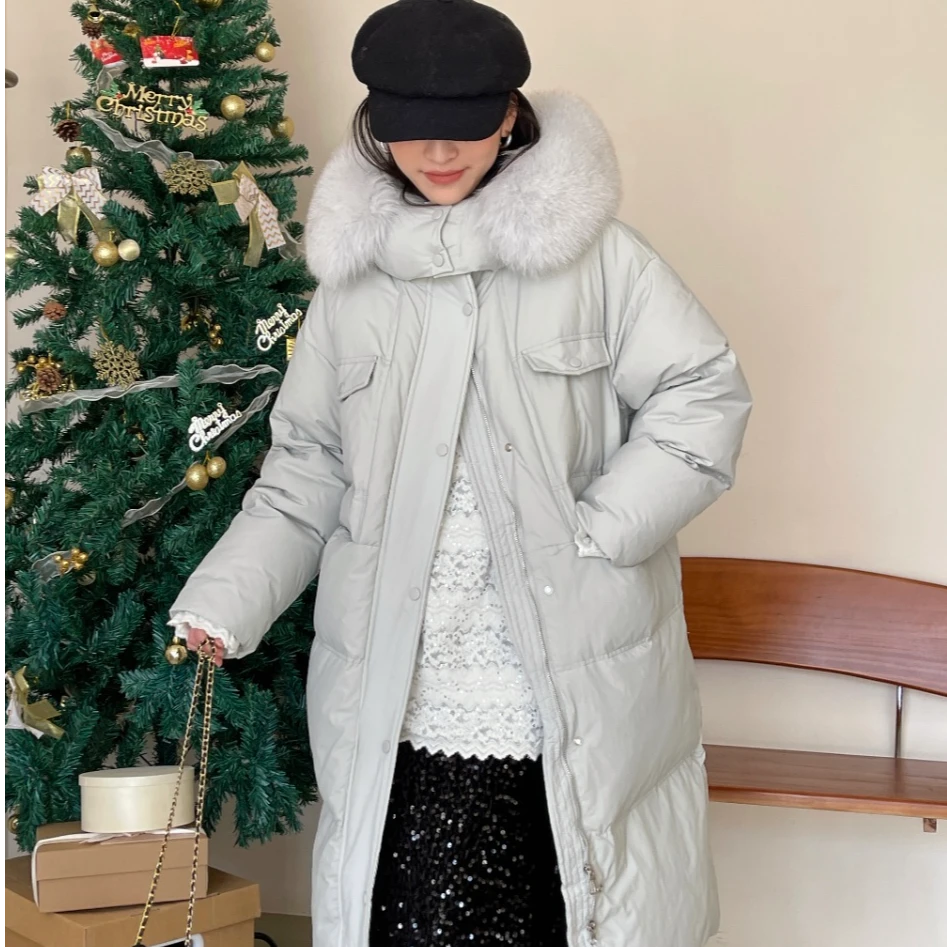 Y2337韩版直筒后收腰羽绒服连帽加大狐狸毛领加厚保暖