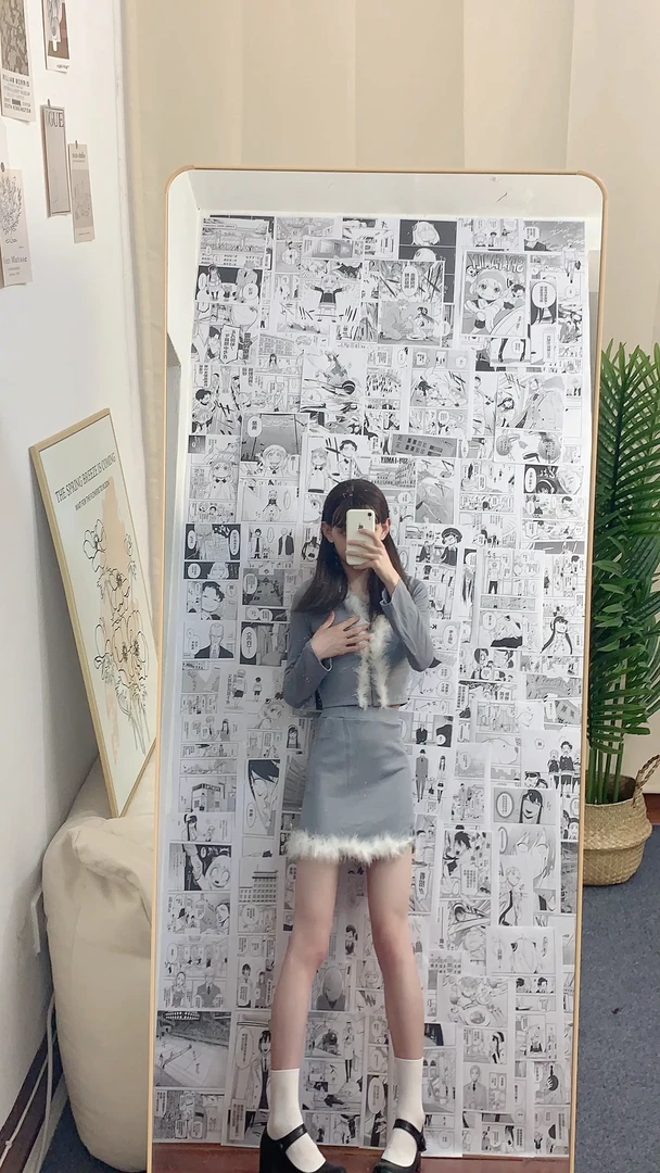 软糯毛毛上衣毛衫半身裙短裙俩件套秋冬纯欲套装上衣毛绒拼接镂空