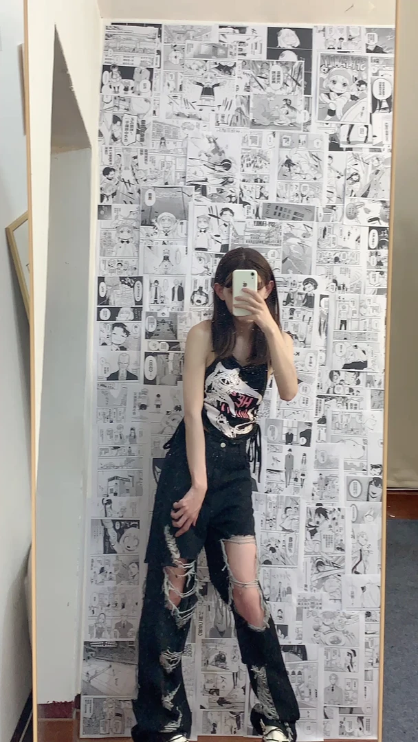 美式高街猫咪印花挂脖吊带背心女夏季辣妹修身别致美背露背短款