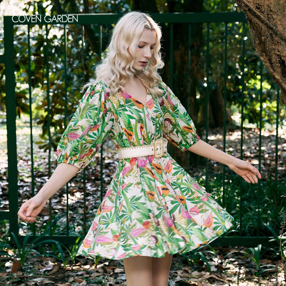 哥文花园 度假风绿植印花泡泡袖连衣裙小众 CLA2081010