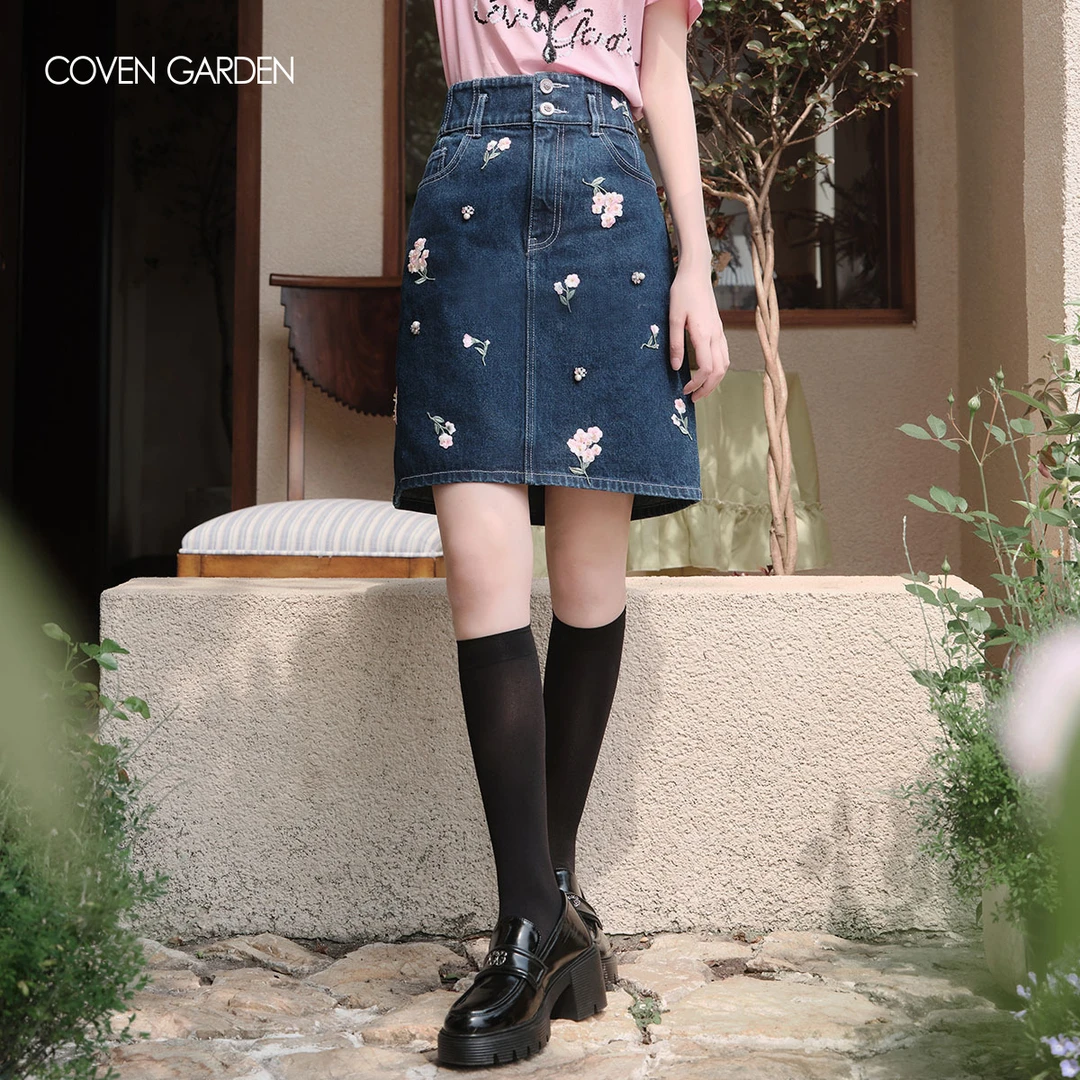 【陈大可】哥文花园高腰碎花刺绣牛仔裙CTA2075270 COVEN GARDEN