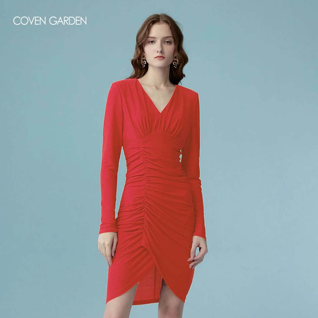 【哥文花园】正红色堆叠褶皱连衣裙高级感 CLA1083070