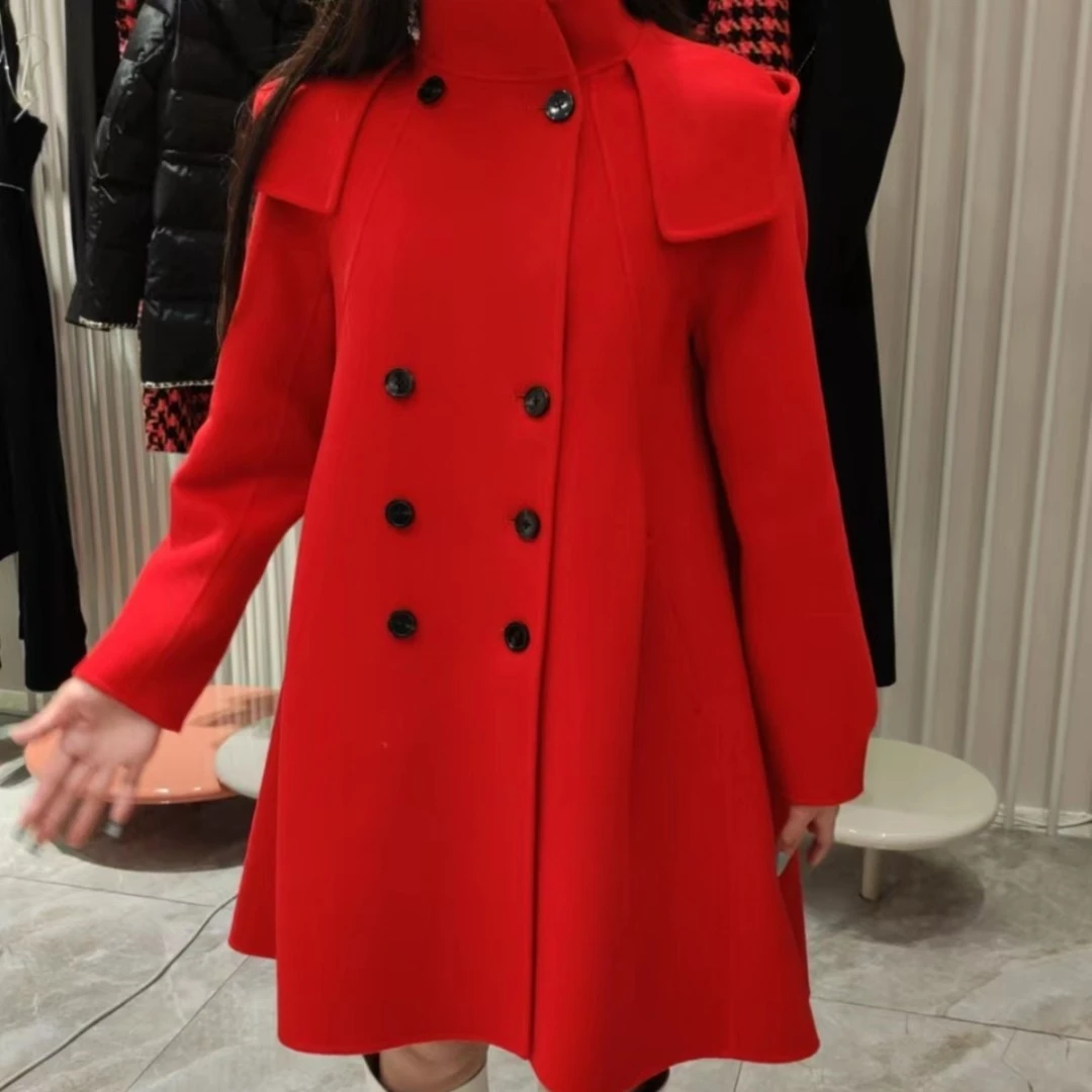 【哥文花园】 双排扣正红色毛呢外套大衣女宽松 CTA4345510