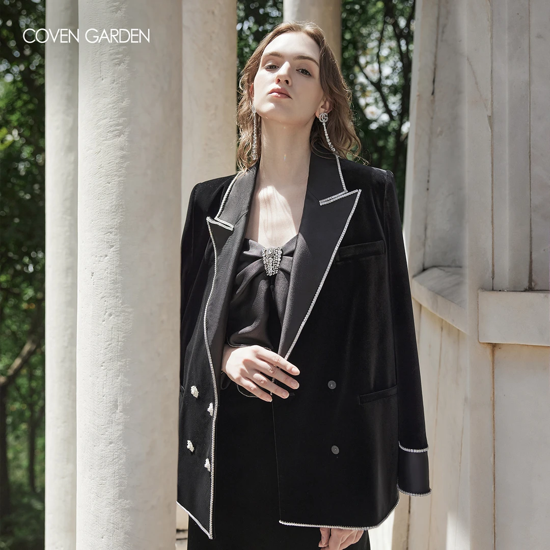 【哥文花园】简约钻链黑色丝绒外套女韩版CWA3045260