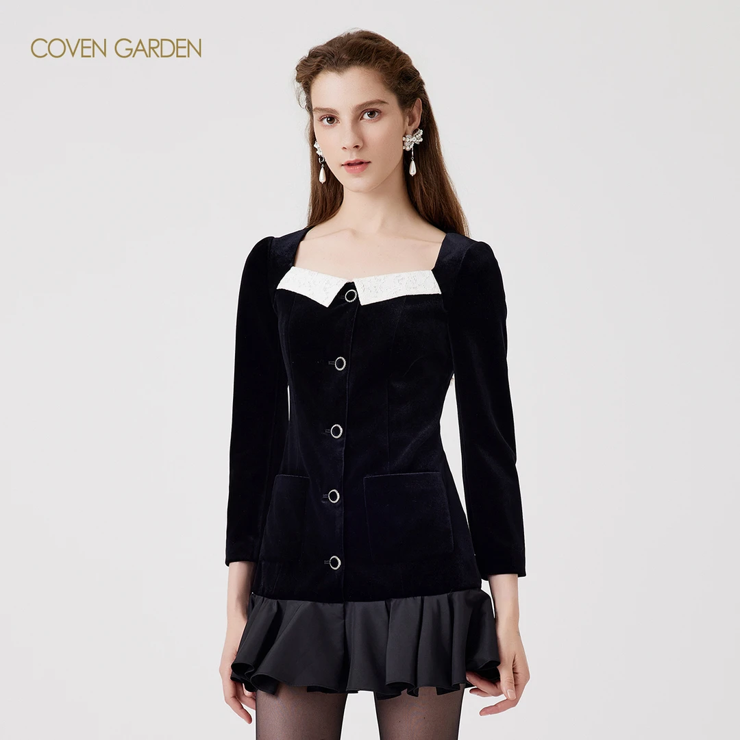 【达人专属】哥文花园荷叶边弹力丝绒连衣裙CLA3084490