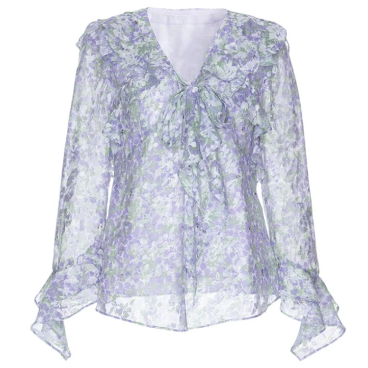 【哥文花园】 春装紫色水粉碎花荷叶边拼接衬衫 CTA3012150