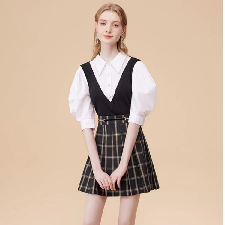 【哥文花园】泡泡袖衬衫拼接毛织衫女CTA3031020