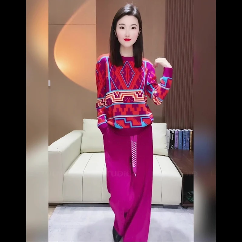 【新店福利】国潮休闲时尚套装春秋款撞色印花减龄套头毛衣两件套女