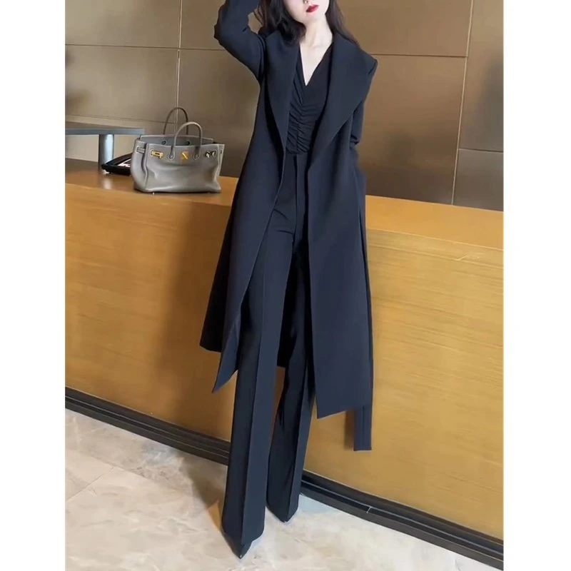 2025新款韩版翻领中长款大衣时尚抽褶打底衫女装