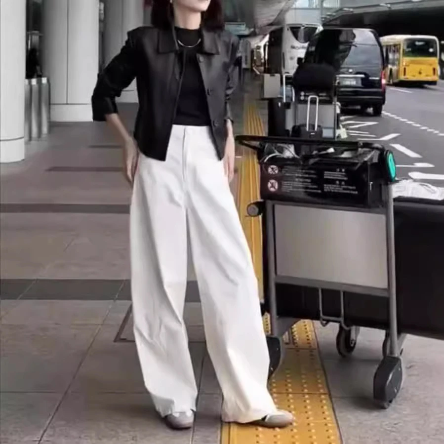 2025秋季新款高级感翻领小皮衣外套白色休闲裤女F1061女款