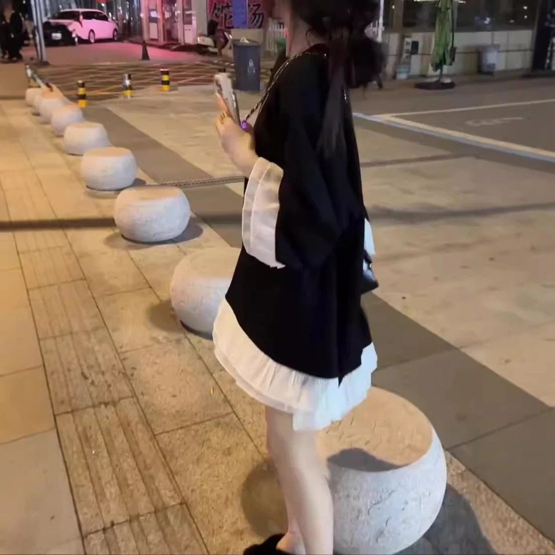 2024秋季新款时尚褶皱荷叶边拼接宽松减龄连衣裙