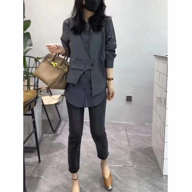 2024早秋新款时尚设计感假两件拼接衬衫+裤子女潮