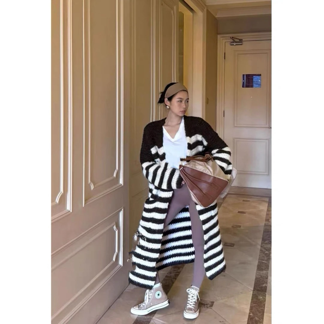 【宝儿姐优选】加厚条纹慵懒风毛衣外套