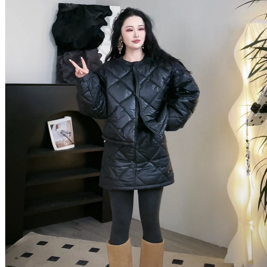 【宝儿姐优选】复古经典菱格纹休闲夹克棉衣外套+裙子套装