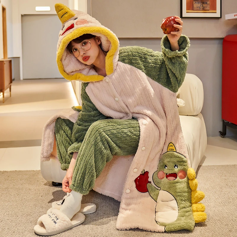 法兰绒睡袍女士秋冬季珊瑚绒睡衣女连帽加厚保暖卡通家居服 2178
