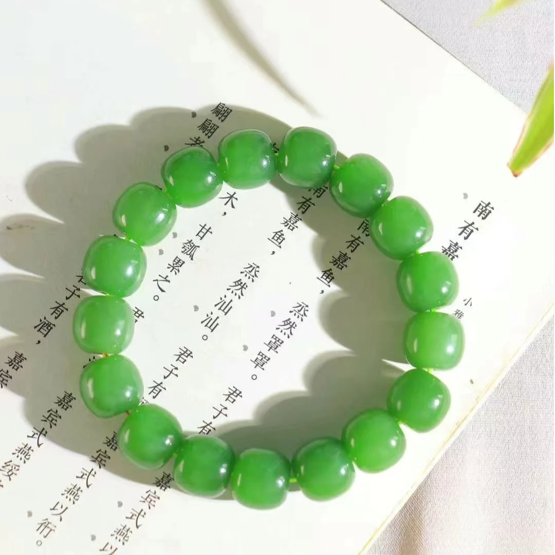 和田玉碧玉阳绿苹果绿老型珠手串时尚百搭绿色气质单圈玉手串