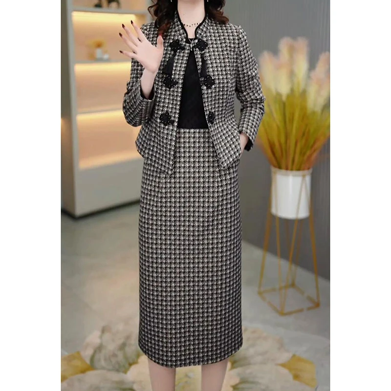 色织精纺小香风套装连衣裙春季新款时尚气质千鸟格显瘦两件套裙子