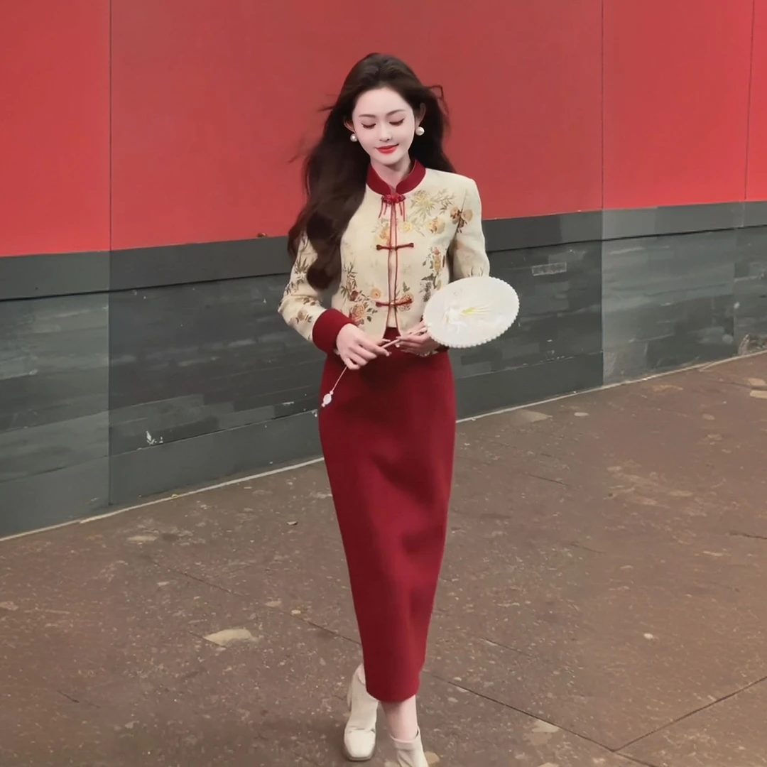 新中式时尚洋气女装国风盘扣织金夹棉外套加厚改良旗袍裙冬季套装