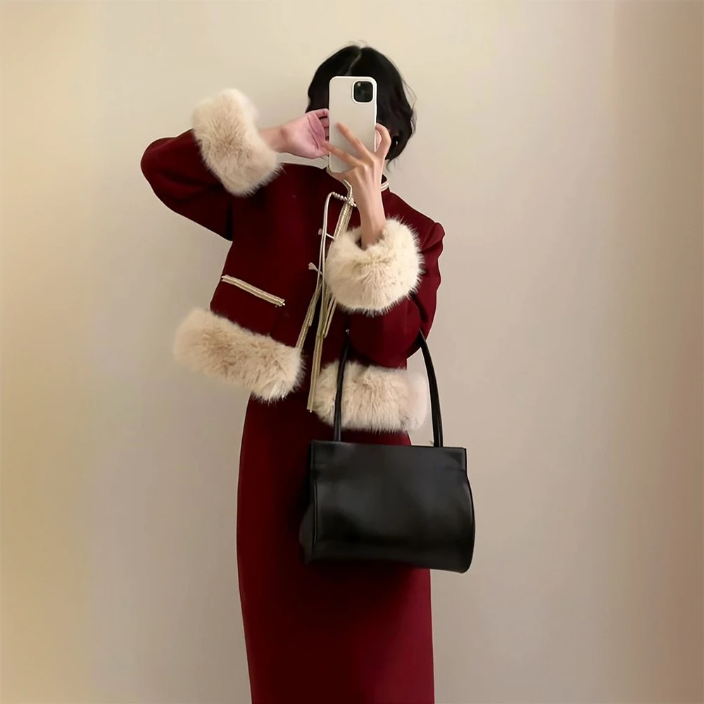 2025新款新中式国风套装裙新年战袍过年红色小香风外套裙子两件套