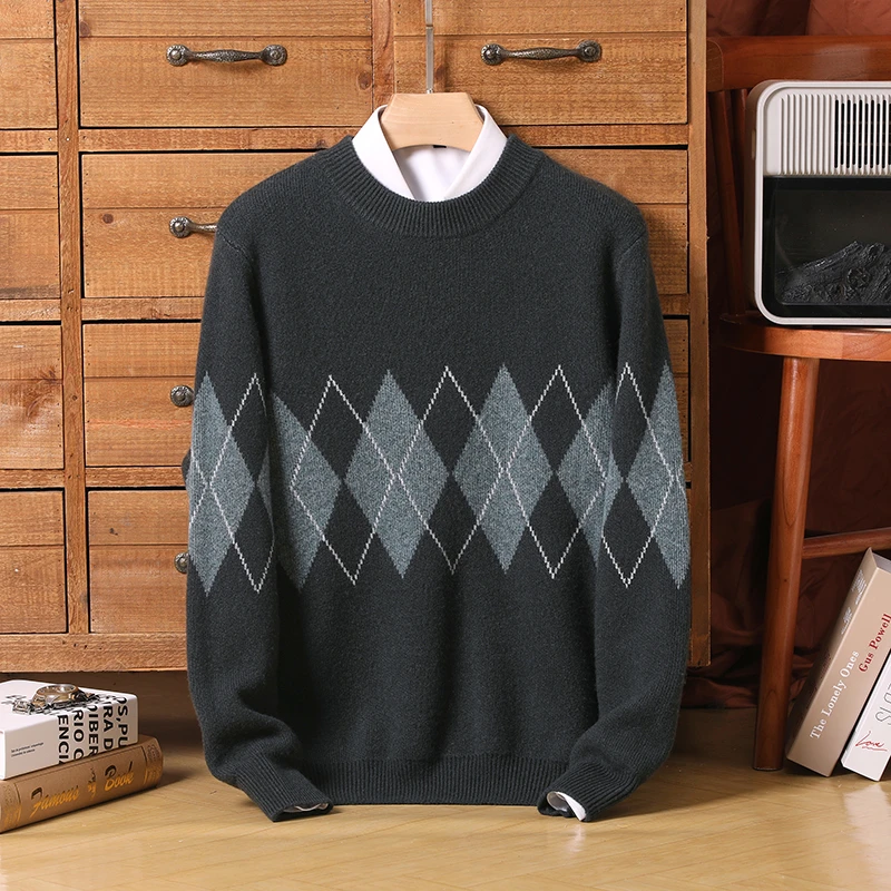 【480克】-100羊毛加厚经典菱形格微阔宽松羊毛衫男士圆领长袖毛衣