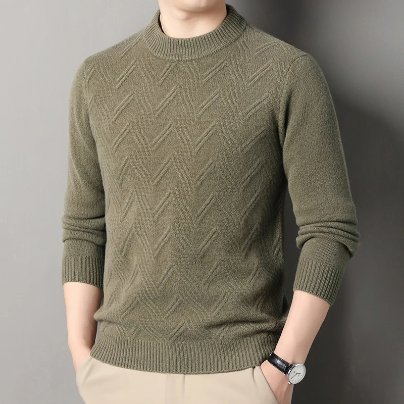 【550克纯羊毛】男士男式羊毛衫圆领宽松针织衫纯色打底毛衣