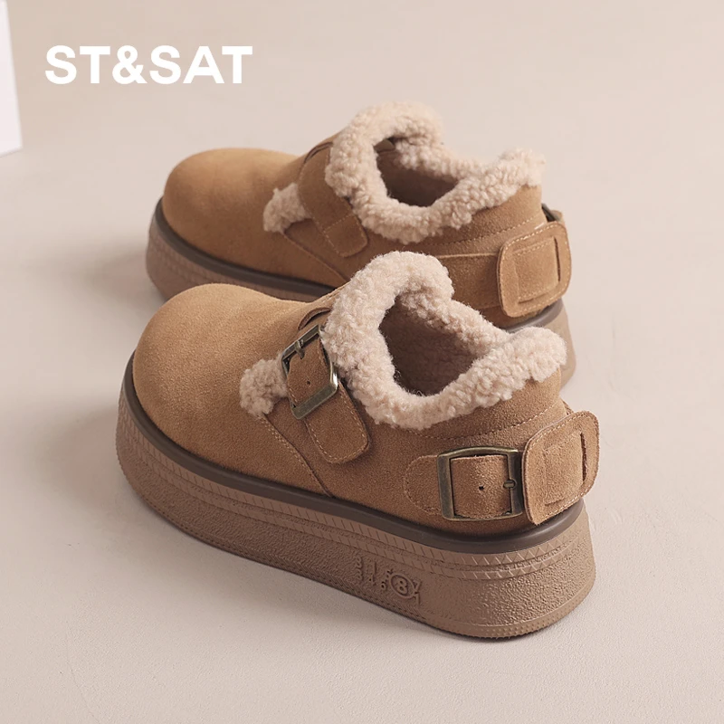 星期六毛毛棉鞋女款冬季保暖加绒加厚2024新款女鞋厚底复古勃肯鞋