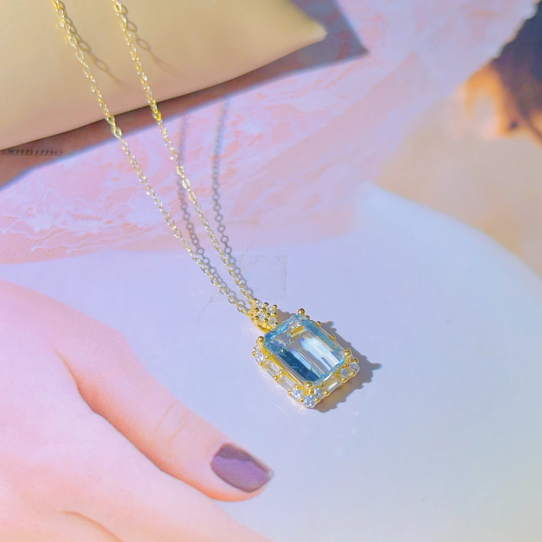 天然海蓝宝石项链 s925银镶 玻璃体 方切