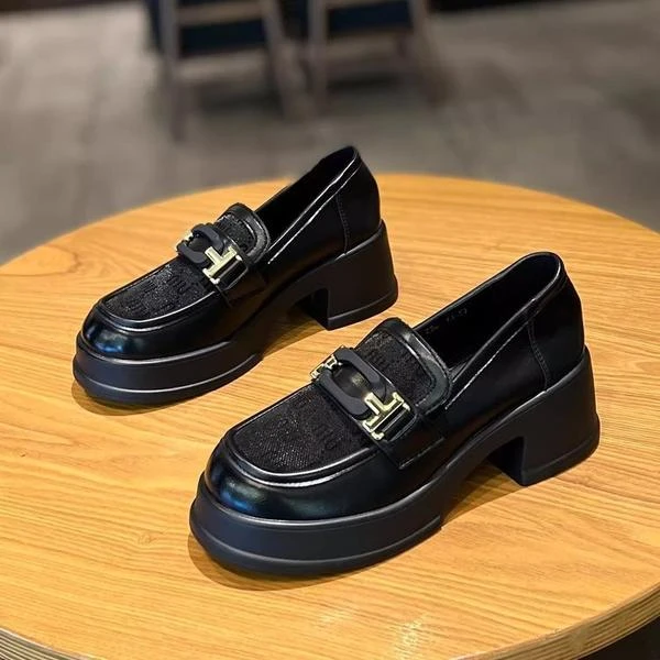 网纱乐福鞋女2024夏季新款透气一脚蹬厚底增高小皮鞋粗跟休闲