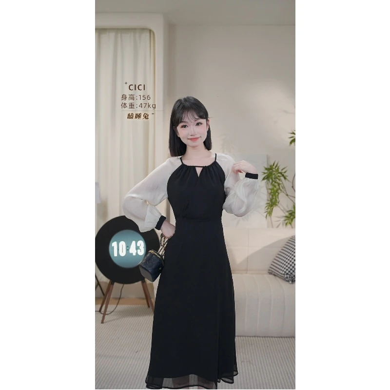 瞌睡兔定制【时光礼记】春秋显瘦气质长袖拼接韩版秋季连衣裙