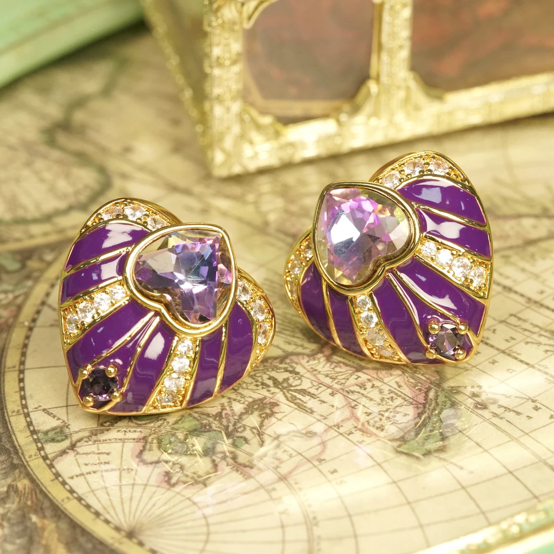 铜合金耳饰 LeLe 耳钉 时尚气质轻奢复古法式紫色优雅镶嵌 8640