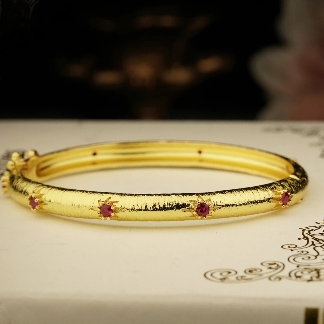 铜合金手链 LeLe 手镯【可开口】金色复古拉丝镶嵌素款精致 4026