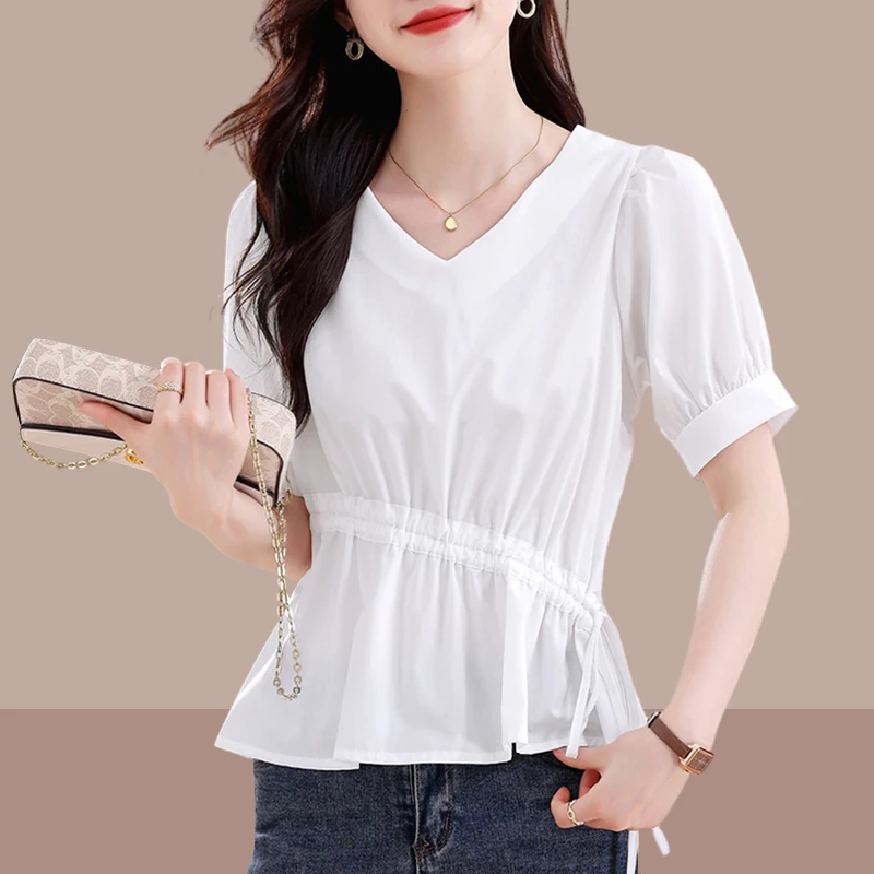 2025新款夏季短袖衬衫女款外穿泡泡袖上衣设计感松紧腰白色衬衣服