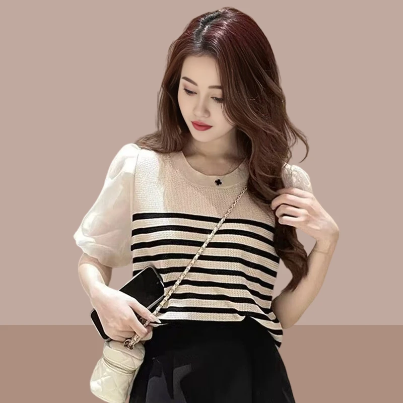 冰丝短袖t恤女薄款2025夏季新款时尚百搭条纹洋气显瘦短款上衣服