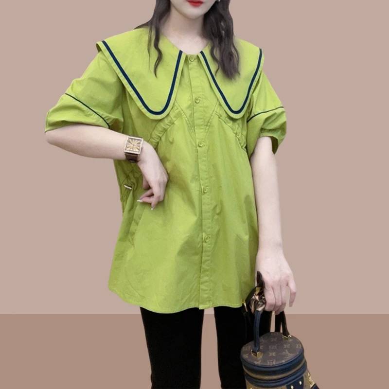 娃娃领衬衫女款外穿2025夏季新款时尚大码宽松显瘦高档短袖衬衣女