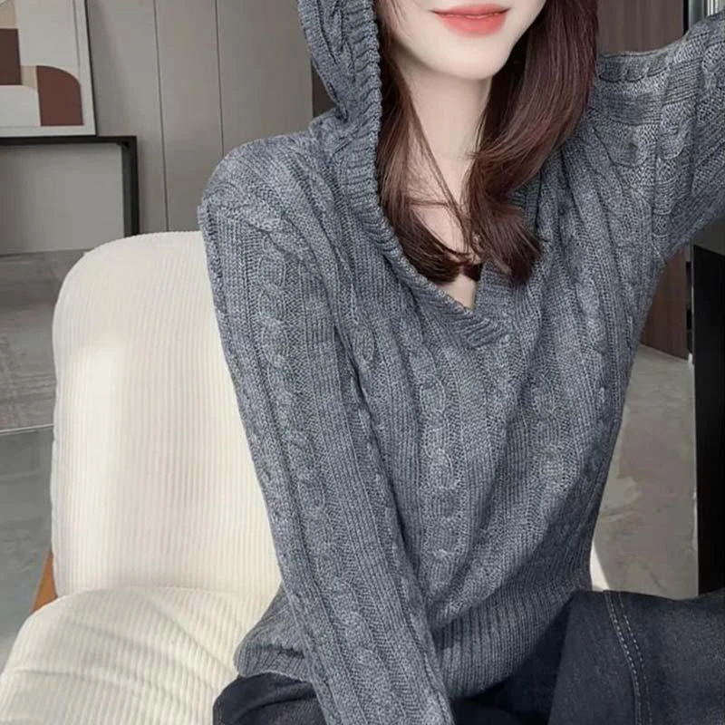 韩系潮流时尚连帽毛衣女秋冬季2024新款气质慵懒宽松长袖针织衫女