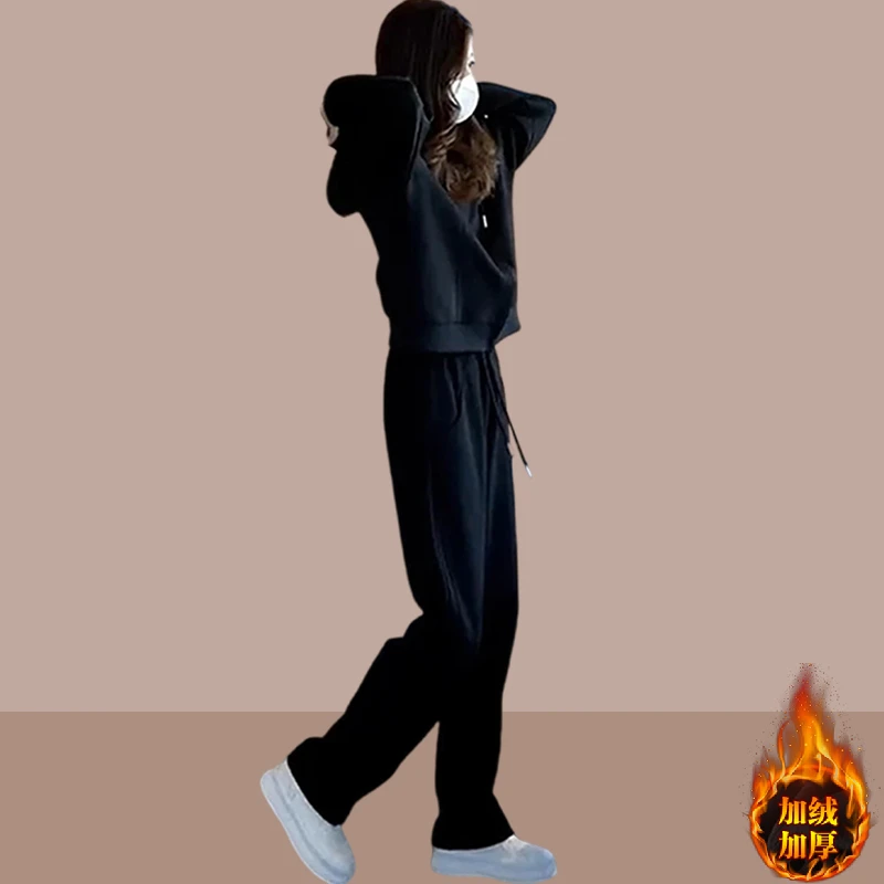 2025秋冬季新款加绒加厚女款套装韩版微胖大码外套阔腿裤两件套女