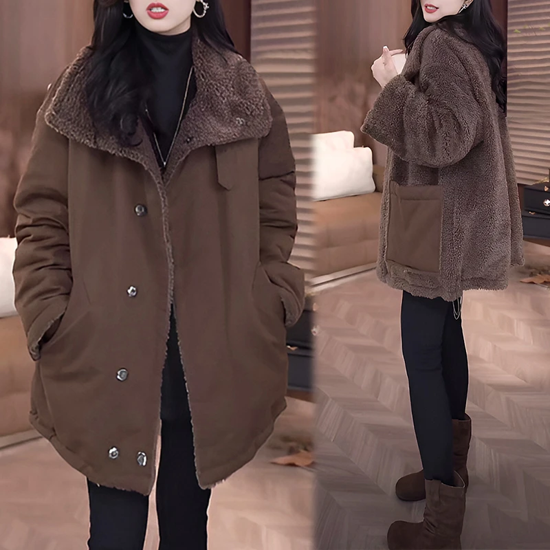 2025冬季新款立领拼接设计感两面穿毛毛外套女装保暖宽松百搭外衣