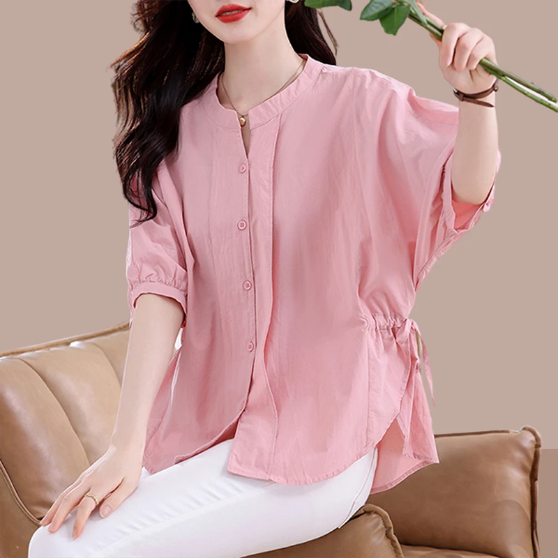 粉色衬衫女款外穿2025夏季新款大码宽松衬衣胖mm显瘦百搭薄款上衣