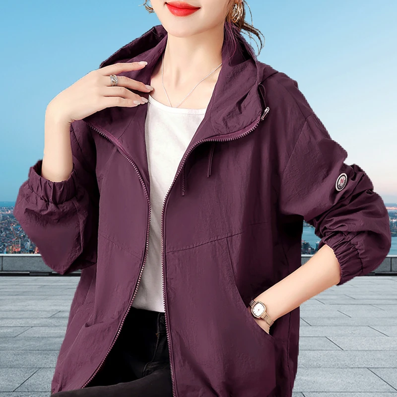 2025春夏季新款时尚宽松百搭连帽短外套女双拉链设计小个子冲锋衣