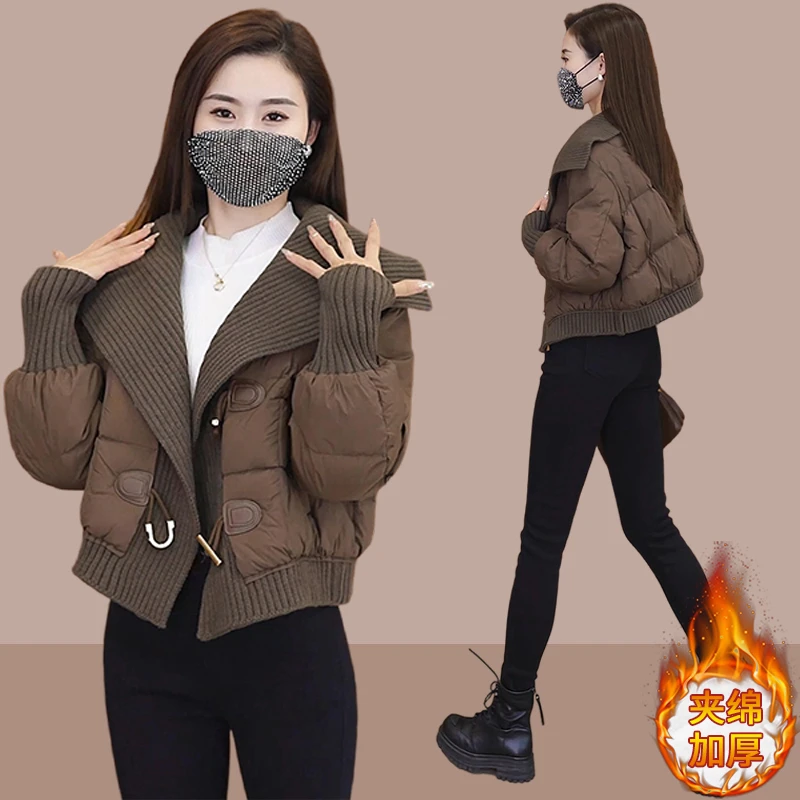 2025冬季新款牛角扣针织拼接女士棉服韩版设计感荷叶领短款棉衣女