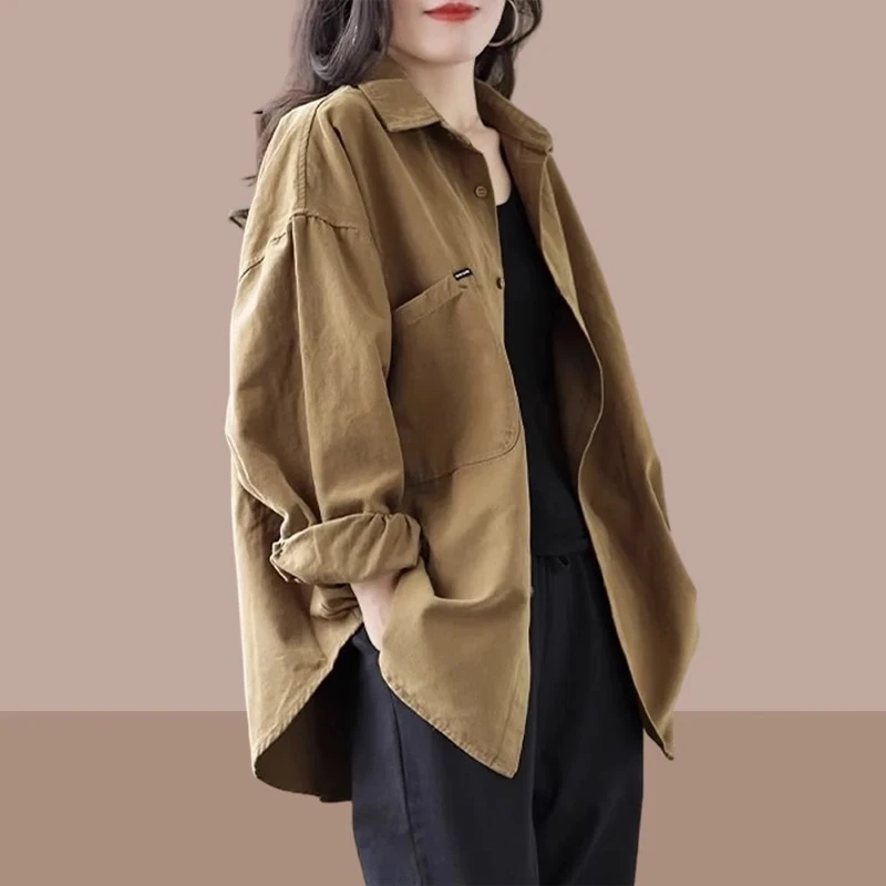 长袖衬衫女款外穿2025春秋新款大码宽松衬衣女装通勤百搭开衫外套